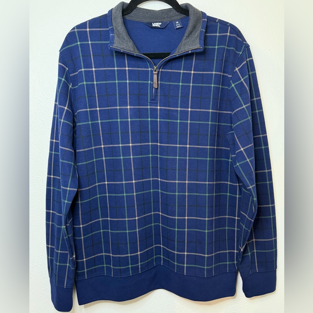 Lands' End Men's Windowpane Blue Plaid Quarter-Zip Pullover Sweater Size M 38-40